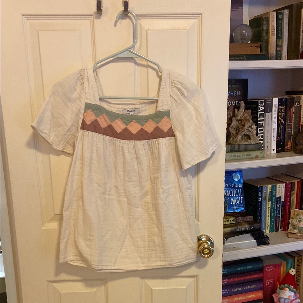 Madewell Cream Top with Pink and Green Diamond Pattern